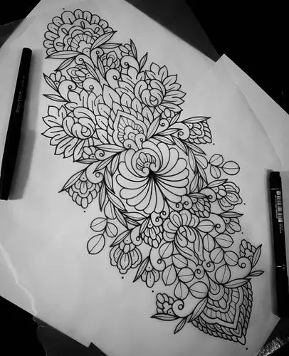 黑灰梵花牡丹纹身手稿 (2)