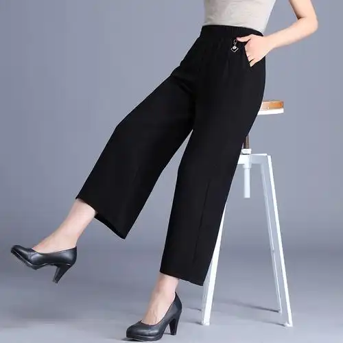 黑色l中老年阔腿裤女夏季薄款雪纺九分妈妈裤冰丝女裤中年女装夏天