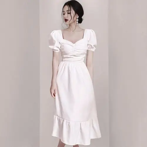 2021夏季时尚新款女装白色裙子泡泡袖仙女轻奢气质温柔风连衣裙女