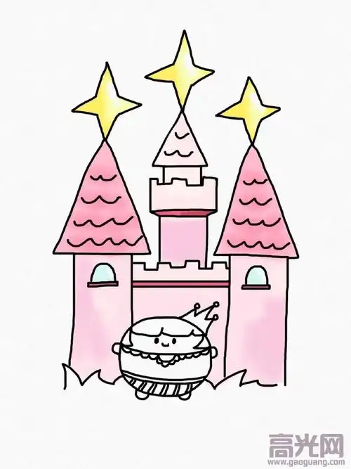 工具:铅笔1支,画纸1张,橡皮1块,水彩笔若干绘画步骤:1,要画公主城堡