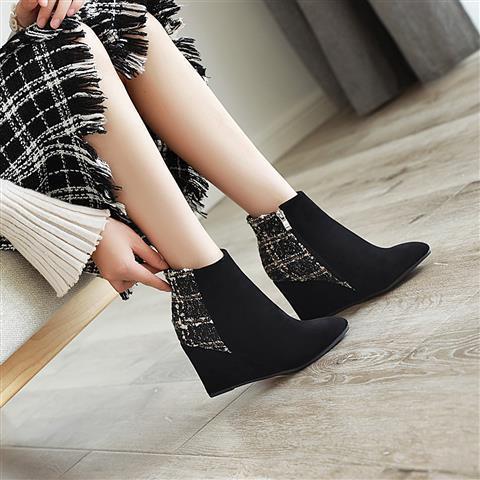 冬天穿的加绒保暖高跟鞋中年女士高根鞋新款秋冬绒面高跟短靴子女尖头