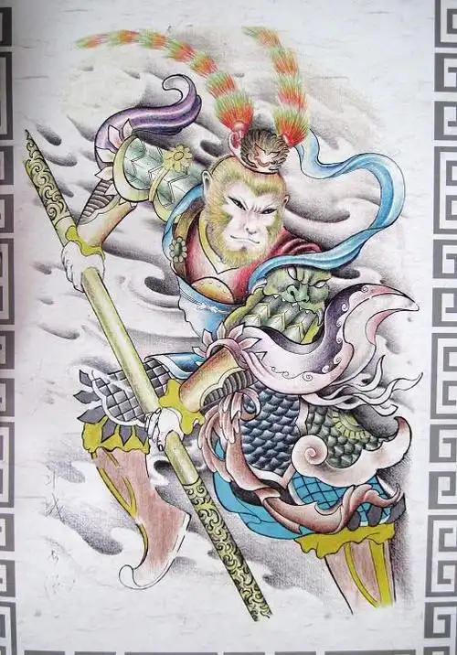 彩色威武的孙悟空纹身手稿