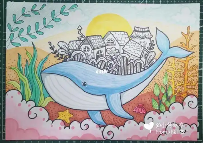鲸鱼马克笔卡通画