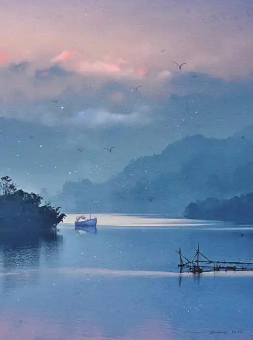 山水风景水彩画