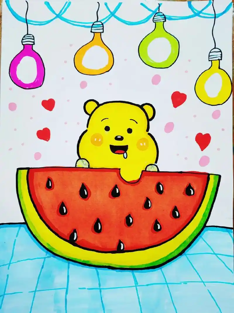 小熊吃西瓜简笔画#简笔画 #儿童画 #一起学画画 #亲子简笔 - 抖音