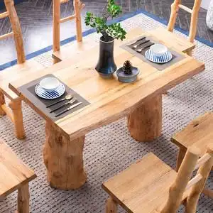 原木树桩餐桌实木客栈餐厅长方形吃饭桌子餐台东南亚风原生态特色