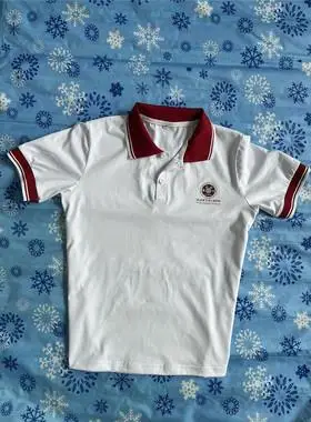 定做中小学生校服 夏季纯棉白色酒红色领短袖北大附中班服学院风