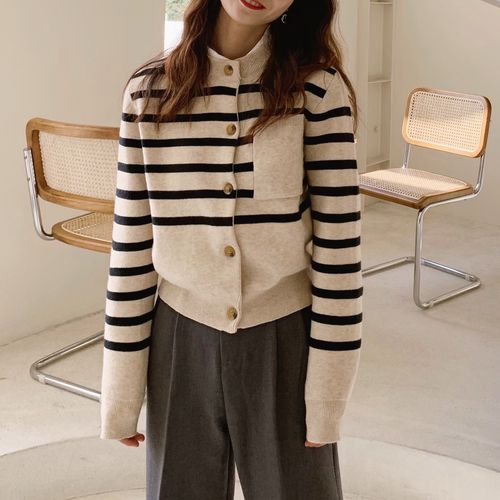 大吹女  不一样的法式条纹开衫复古口袋显瘦针织内搭外穿毛衣