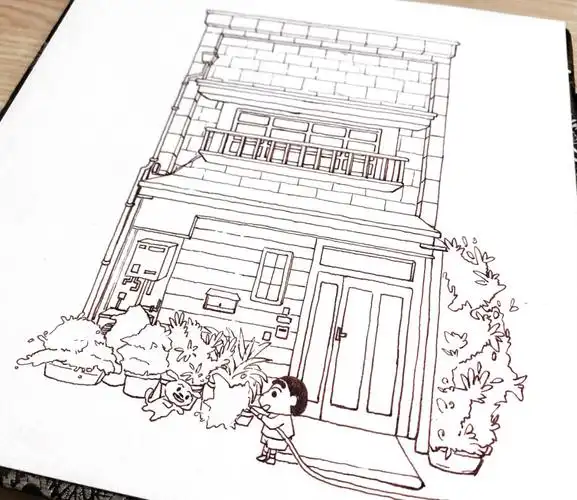 钢笔淡彩房子蜡笔小新