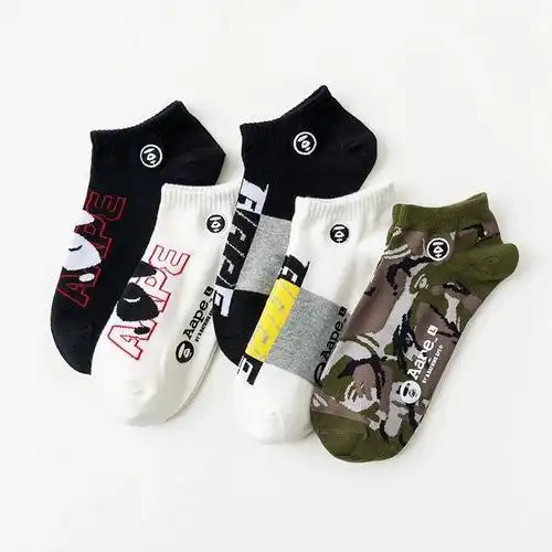 aape夏季男袜潮牌猿人头迷彩短袜字母纯棉印花刺绣徽章潮流船袜子