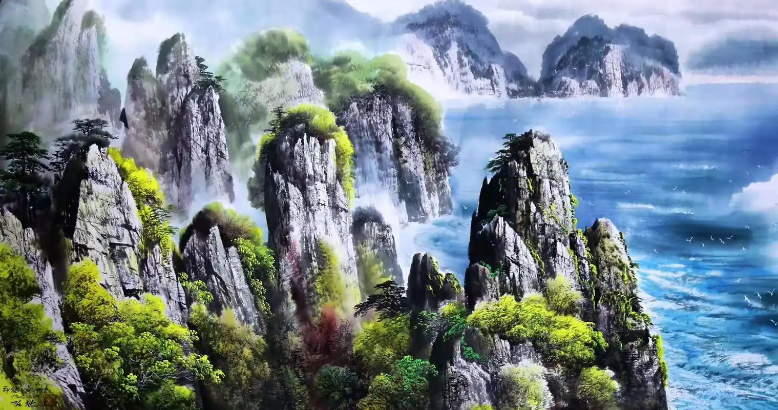 彩墨写意山水画,九龙渊溪谷飞泉图