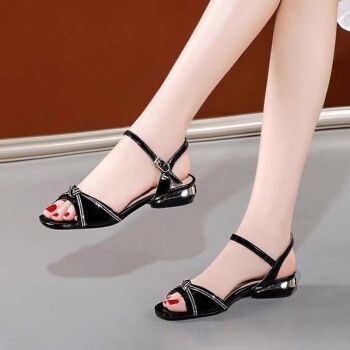 大東品牌 中跟凉鞋女平底水钻平跟2022年夏季低跟粗跟鱼嘴鞋女 黑色