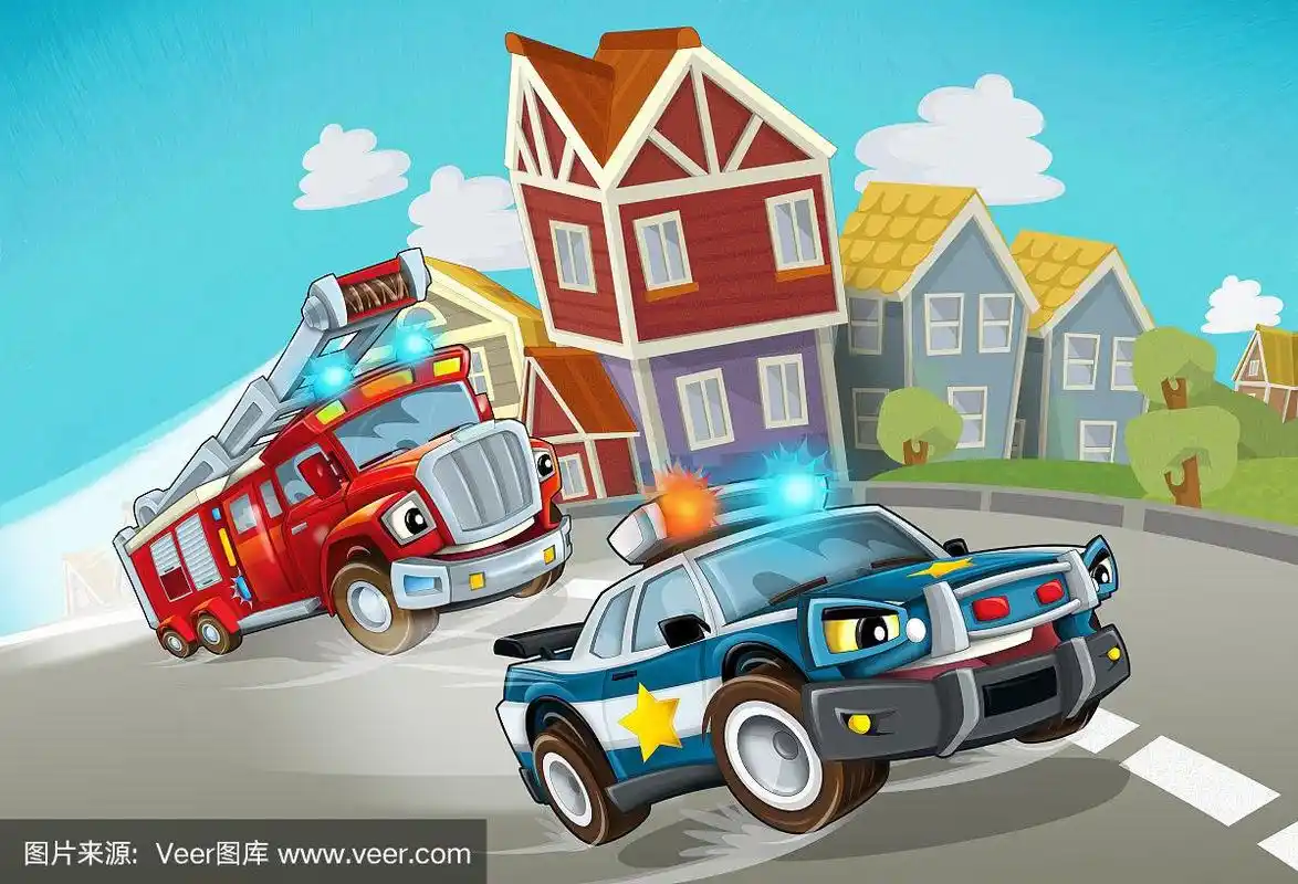 卡通警察和消防队开车穿过城市