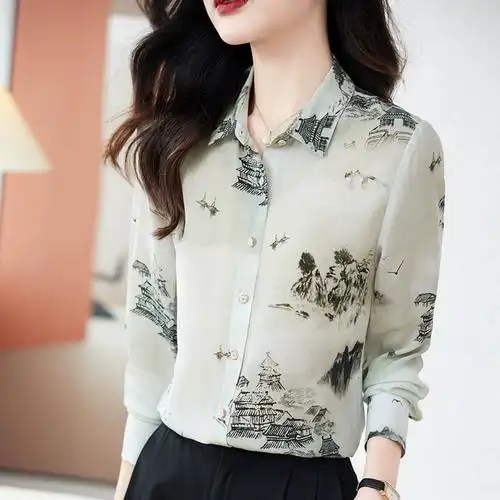 女长袖2023秋季桑蚕丝上衣宽松显瘦新款杭州重磅丝绸印花真丝衬衫