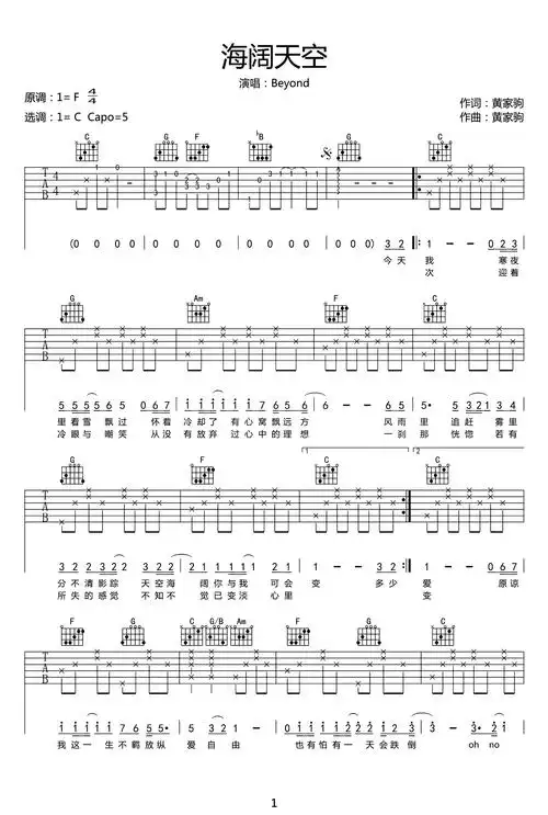 海阔天空吉他谱_beyond_c调弹唱谱_高清六线谱-看谱啦