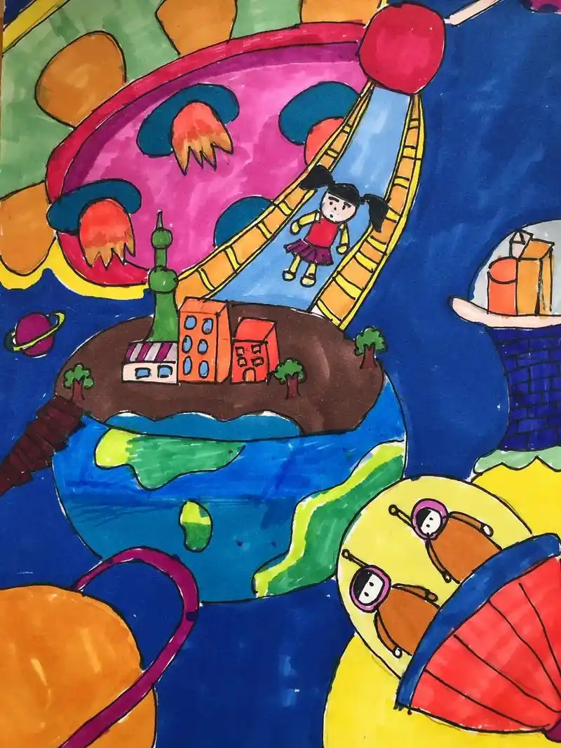 《神奇的太空》,美术课堂小练习.#儿童画 #课堂 - 抖音