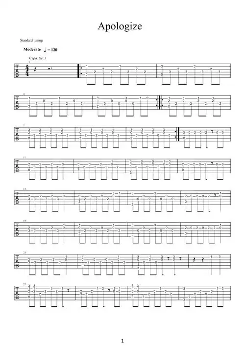 apologize指弹吉他谱-timbaland/onerepublic-曾经的海誓山盟,现在却