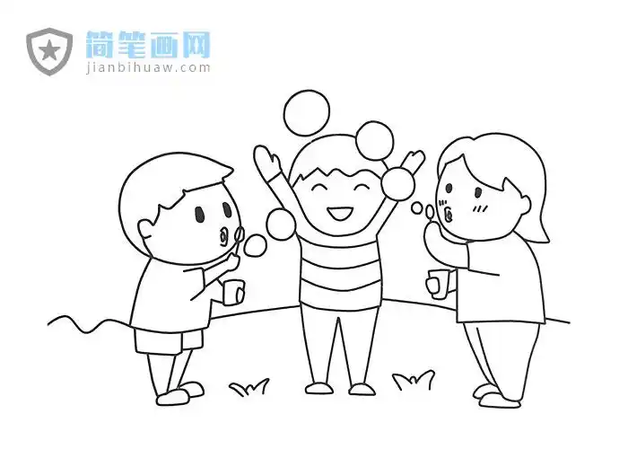 三位小朋友在玩吹泡泡游戏的简笔画吹泡泡是一项非常受欢迎的游戏.