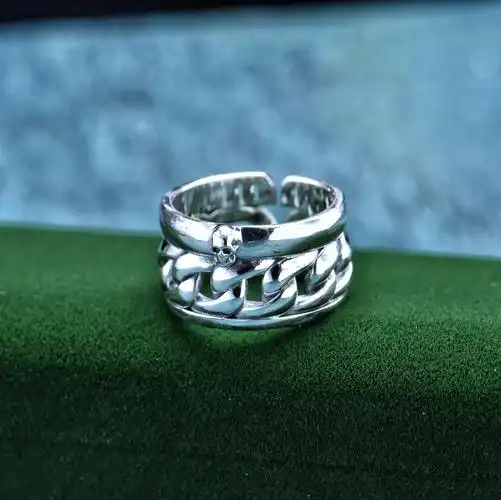 s925银古巴链戒指骷髅头男士款复古泰银嘻哈高级感食指戒指环批发