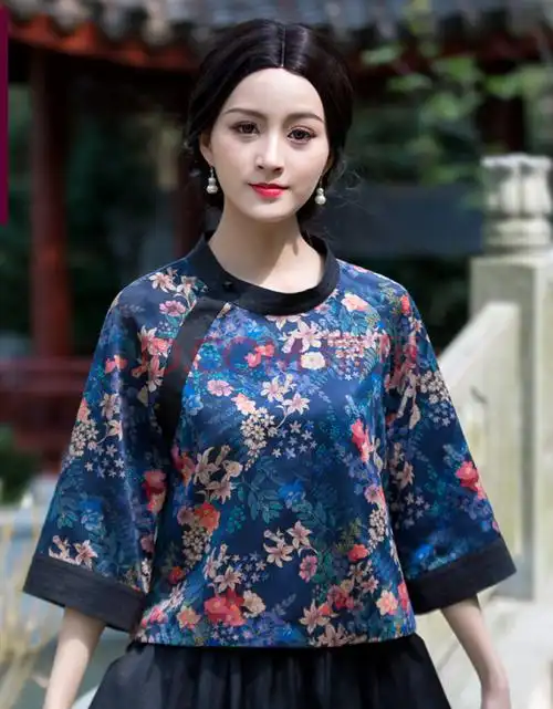 华族经典真丝唐装女民族风汉服改良款潮中式时尚年轻版旗袍上衣2019新