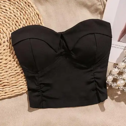 港风甜酷辣妹无肩带吊带背心女夏外穿短款纯欲内搭黑色抹胸上衣 - 17