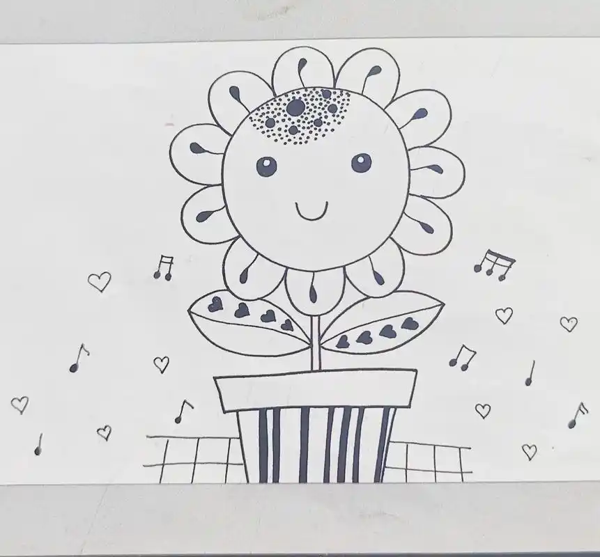 59岁儿童画线描向日葵小盆栽儿童简笔画