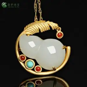 天然新疆和田玉葫芦吊坠白玉葫芦挂件925银镶嵌福禄吊坠项链女款