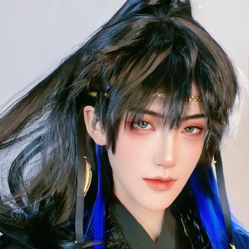 大又又古风汉服cos万用日常帅气高层次渐变狼尾假发少年基佬黑蓝