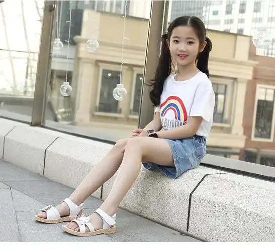 2018新款女童凉鞋夏季儿童凉拖鞋女复古简约魔术贴中小女童公主鞋