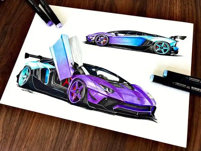 马克笔手绘兰博基尼大牛宽体渐变