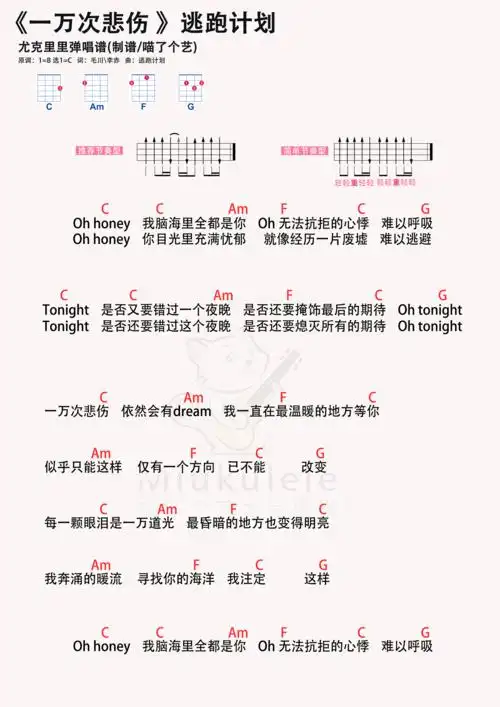 >>逃跑计划《一万次悲伤》尤克里里谱