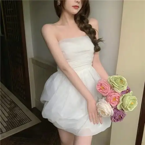 纯欲系女装小个子收腰蓬蓬裙子夏季新款欧根纱抹胸短裙白色连衣裙