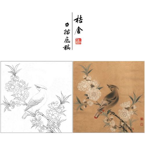 桔舍 李晓明工笔画白描底稿桃花山鸟图原作大小40×40厘米花鸟线稿带