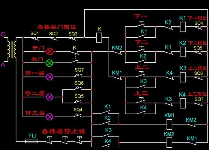 四层楼升降机简单控制电路图