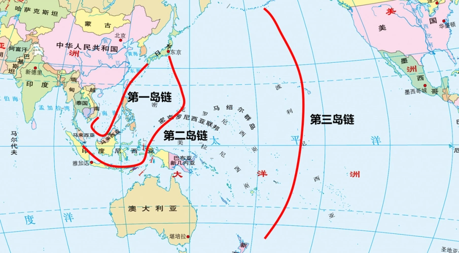 美国三大岛链示意图岛链是冷战时期东西方对抗的产物.