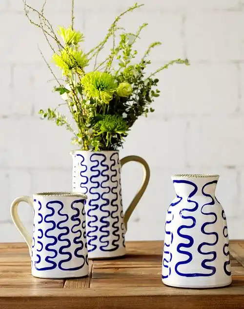 异域民族风情壶形陶土花瓶 蓝色条纹 高