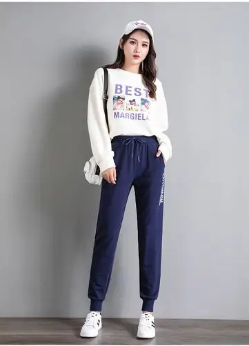 boying 纯棉运动裤女小脚裤秋装新款韩版显瘦休闲裤松紧字母印花学生