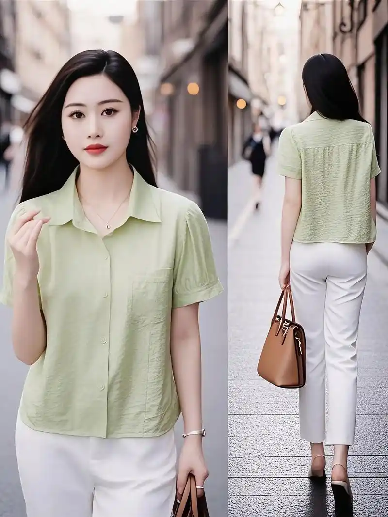 夏季短袖雪纺衬衫女2025年新款洋气减龄小衫时尚女士短款绿色