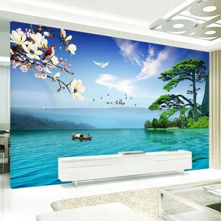 新款山水风景画电视背景墙壁画8d墙贴画定制壁布3d墙布自粘墙 - 抖音