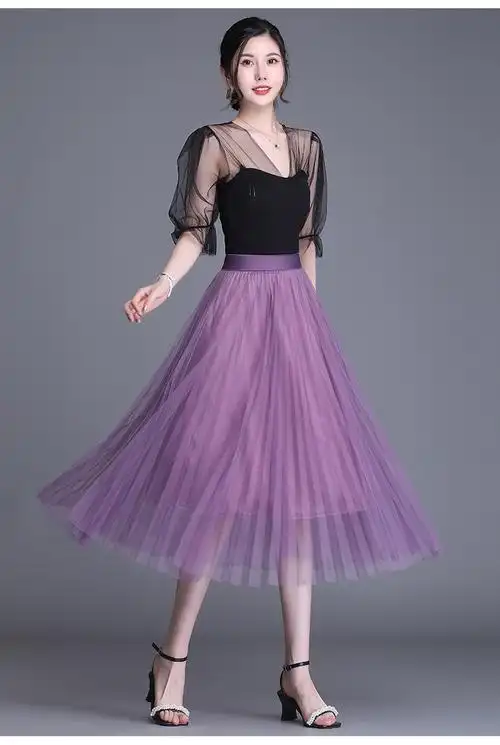 裙女夏季新款百褶裙中长款坠感a字裙显瘦大摆纱裙紫色均码1尺82尺5