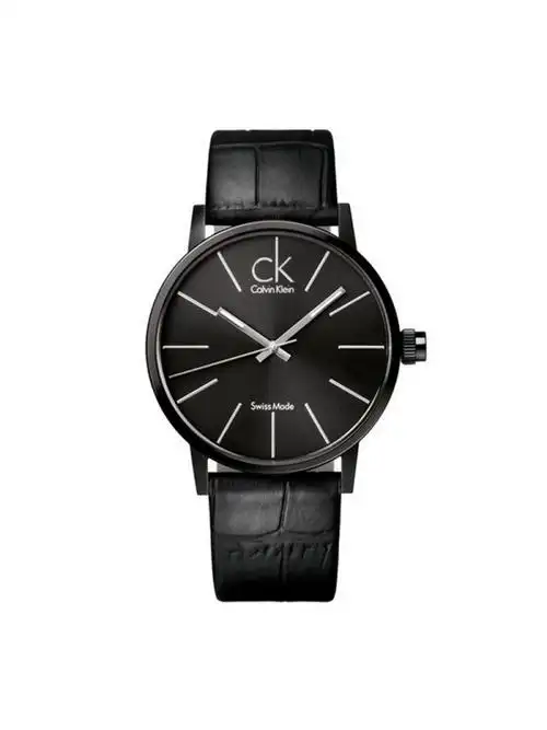 ck手表男士石英表防水防刮休闲表真皮带日历计时码男表k7621401镀黑色