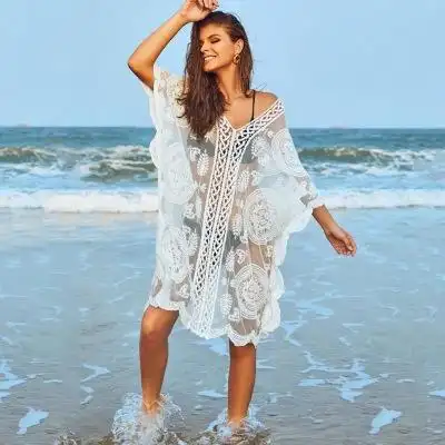 欧美蕾丝绣花海边度假沙滩防晒短裙温泉性感比基尼泳衣外搭罩衫女