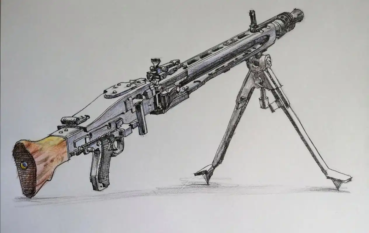 随手画,钢笔彩铅德国机枪 过程图 普通a4纸画的德国二战著名机枪mg42