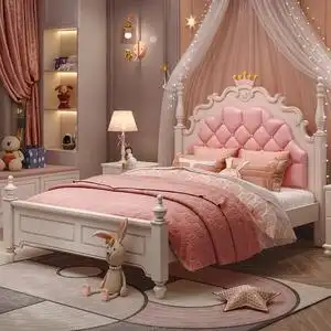 儿童床女孩公主床卧室储物实木女生粉色网红皇冠小户型女童单人床