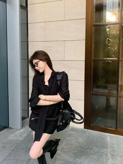 实拍实价 酷酷女孩修身低腰高级辣妹简约长袖衬衣一体裙 - 17网