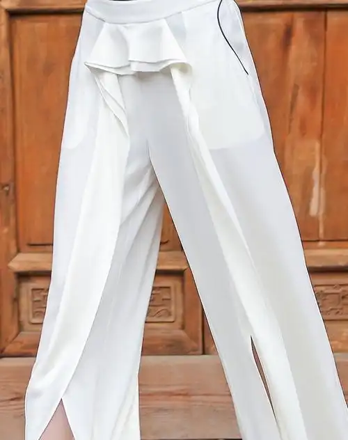 voa维欧艾桑蚕丝女裤全白中腰卷边裸踝及地重磅真丝直筒长款白色丝绸