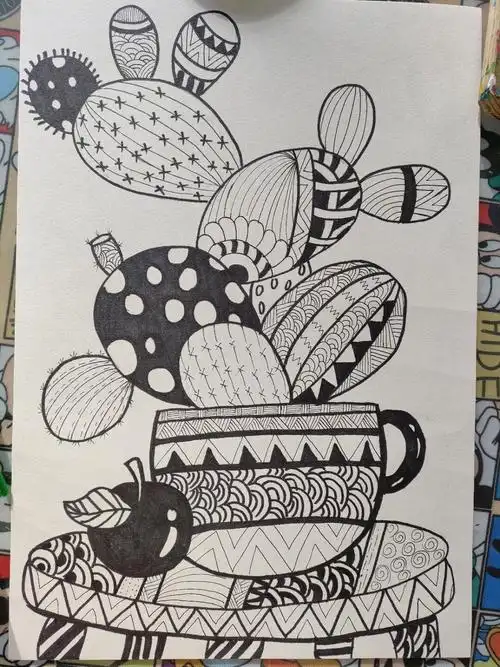 黑白线描画我有一盆漂亮的仙人掌