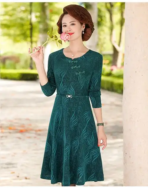 妈妈秋装长袖连衣裙女40岁中年女装春秋季中长款大码过膝婚礼裙子