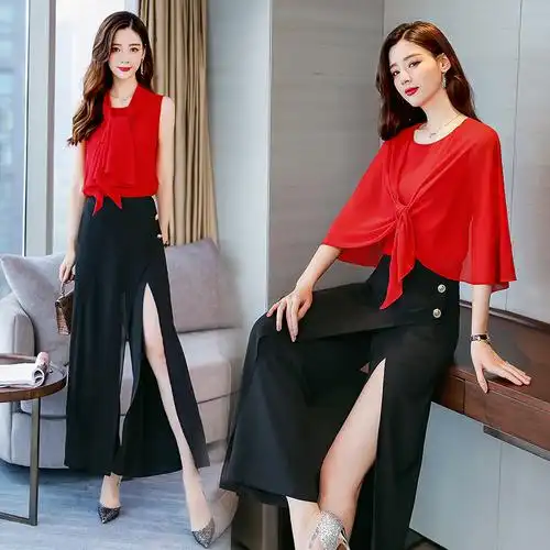 时尚套装女夏款女士新品女装韩版洋气时髦雪纺阔腿裤套装女两件套