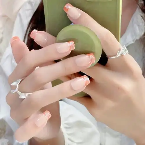 法式简约穿戴甲裸橘色银粉可拆卸假指甲气质显白美甲成品甲片批发